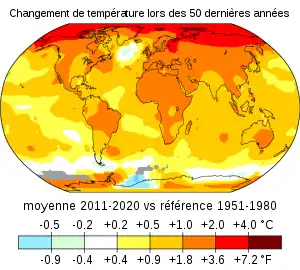 Mappemonde dont les couleurs correspondent à une échelle de -0,5 à +4 °C environ