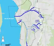 carte en couleurs de la localisation des cours d'eau sur Aix-les-Bains.