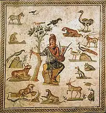 mosaïque antique : un homme avec un bonnet phrygien entouré d'animaux