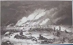 Le village et l'église de Loigny en flammes, nuit du décembre 1870.