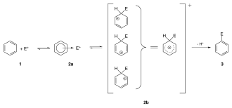 Schéma des étapes de la substitution électrophile aromatique du benzène