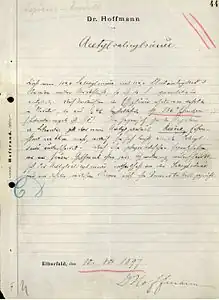 Protocole de laboratoire de Félix Hoffmann du 10 août 1897.