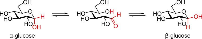 Mutarotation du glucose en solution entre anomères α et β.