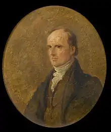 Peinture ovale d'un homme à la calvitie prononcée portant une veste noire et un foulard blanc.