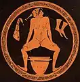 Hétaïre urinant dans un skyphos (vase haut). Intérieur d’un kylix (coupe à boire) du Ve&nbsp;siècle&nbsp;av. J.-C.
