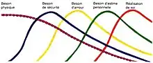 Ordre de satisfaction des besoins : besoins physiques, besoins de sécurité, besoins d'amour, besoins d'estime personnelle, besoin de réalisation de soi.
