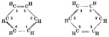 Schémas des deux structures équivalentes de Kékulé ; les atomes de carbone forment un hexagone et les liaisons entre eux sont alternativement simple et double ; un atome d'hydrogène est lié à chaque atome de carbone.