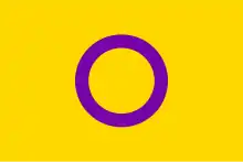 Rectangle jaune/or avec un rond violet au milieu.