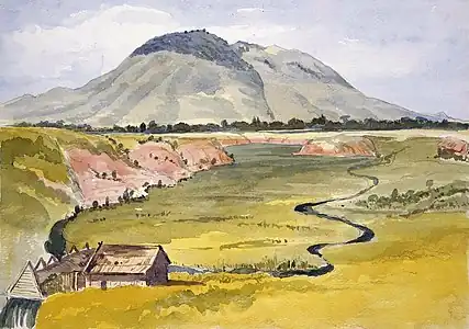 Aquarelle de paysage de vallée.