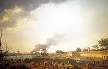 Tableau. Vaste panorama. Au premier plan, l'activité du port. À gauche, la Charente, avec vaisseaux au mouillage. Grand feu sur la rive opposée. À droite, le long de la rivière, la corderie.