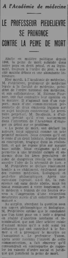 Le professeur René Piedelièvre se prononce contre la peine de mort