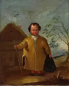  Portrait de pied en peinture d'un nain vêtu élégamment d'une longue robe. Arrière-plan campagnard.