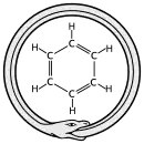 La formule chimique développée du benzène occupe le centre d'un Ouroboros, serpent qui se mord la queue.