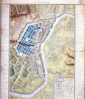 Plan d'époque. Deux boucles de la Charente. À gauche, la ville entre ses remparts. Plus à gauche encore, le faubourg ouest. L'hôpital est en forme de H dont les fûts sont prolongés vers le sud-ouest de quatre pavillons.
