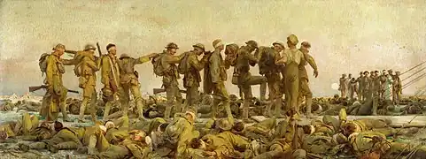 L'ypérite attaque prioritairement les muqueuses humides (poumons, lèvres), la peau moite et les yeux, rendant les victimes aveugles, ce qui complique encore leur prise en charge et les soins (Gassed, par John Singer Sargent, 1918, huile sur toile, 231&nbsp;×&nbsp;611&nbsp;cm).