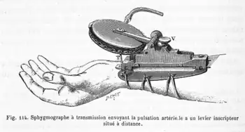 Fig. 114. Sphygmographe à transmission de Marey envoyant la pulsation artérielle à un levier inscripteur situé à distance. On distingue la capsule pneumatique sur laquelle est raccordé le tuyau rempli d'air.