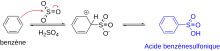 Schéma des étapes de la sulfonation du benzène, aboutissant à l'acide benzènesulfonique