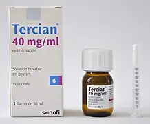 Boite de Tercian en solution buvable 40 mg·ml-1 flacon de 30 ml (France).