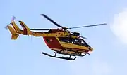 Un hélicoptère Eurocopter EC-145, utilisé par la Sécurité civile française, survolant le port de plaisance de Minimes à La Rochelle au début de l'après-midi du dimanche 28 février 2010 après le passage dans la nuit de la tempête baptisée "Xynthia". Immatriculation de cet appareil: F-ZBPK. La Rochelle (Port de Plaisance des Minimes), Charente Maritime, France.
