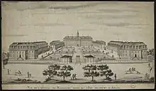 Gravure ancienne noir et blanc. Ensemble de l'hôpital en vue plongeante. Au premier plan, le cours d'Ablois avec ses arbres.
