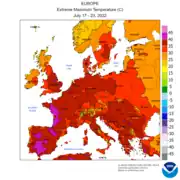 Carte des températures maximales en Europe pendant la canicule de 2022.
