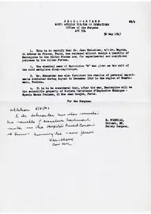 Lettre du 30 et 31 mai 1943 signée par les autorités sanitaires de l'armée de Etats-Unis d'Amérique